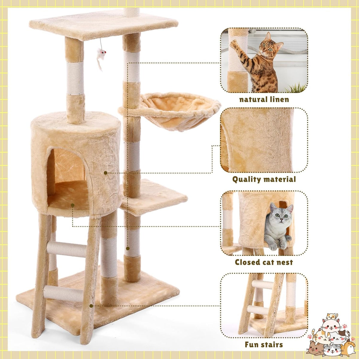 Árbol para gatos de interior de 5 niveles con postes rascadores de sisal, con acogedoras perchas de felpa