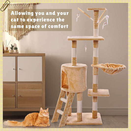 Árbol para gatos de interior de 5 niveles con postes rascadores de sisal, con acogedoras perchas de felpa